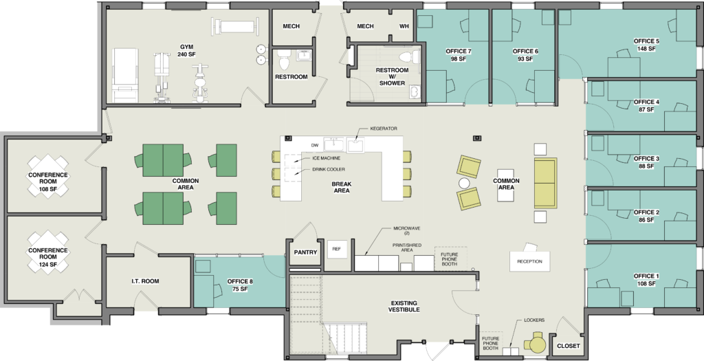 A floor map of the first floor of our coworking space in dunwoody ga